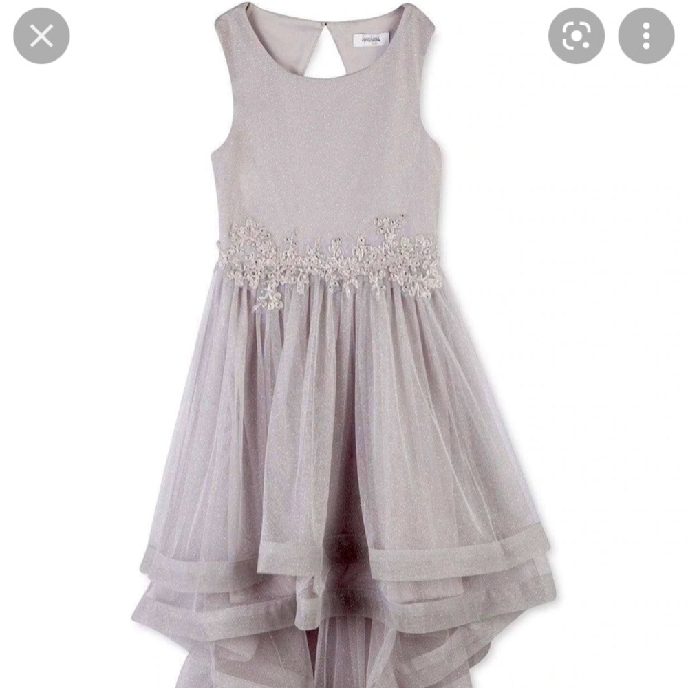 Girls high -low Silver embroidered Glitter Mesh Dress